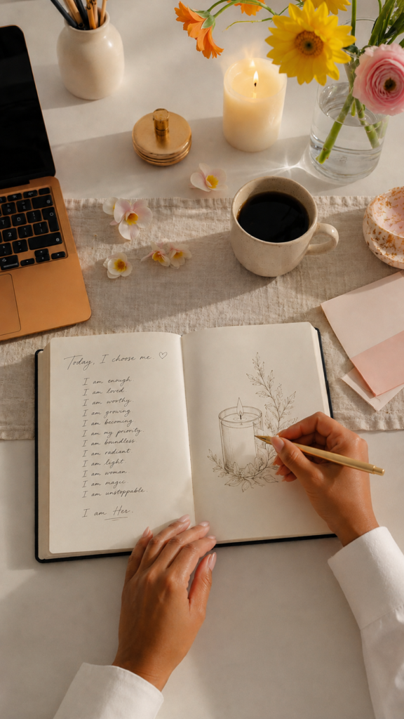 A beautifully styled feminine workspace with an open journal, elegant fountain pen, handwritten notes, fresh flowers, a ceramic mug, candles, a linen table runner, and a gold laptop. A Black woman's hands are gently writing in the journal while natural morning light streams across the desk. Neutral luxury aesthetic, warm tones, peaceful, editorial photography, ultra-realistic, minimal, intentional living, soft shadows, clean composition with room for overlay text.