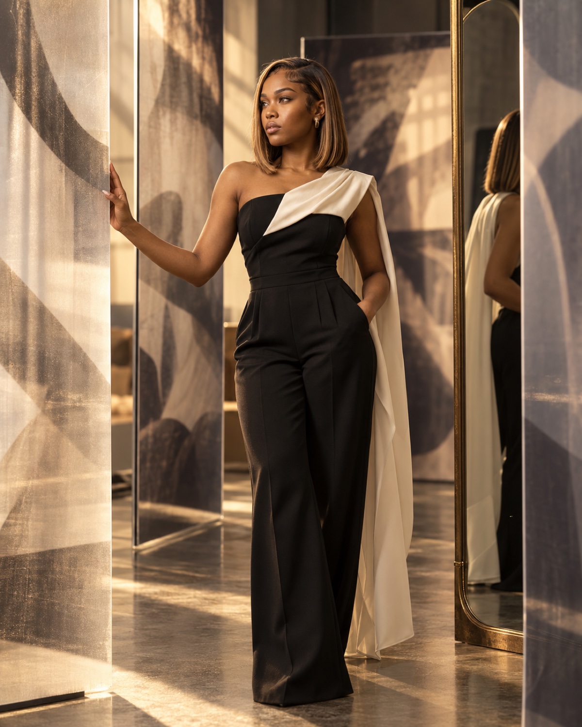 H.E.R. Editorial Muse standing among abstract creative panels and a gold-framed mirror.